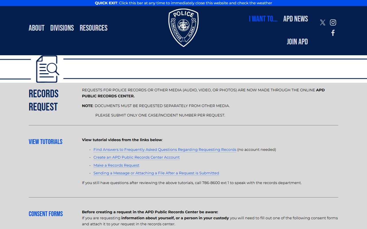 APD online records request form for Anchorage criminal records