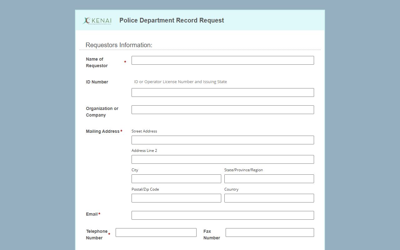 Kenai Police Department records request form for Kenai criminal records
