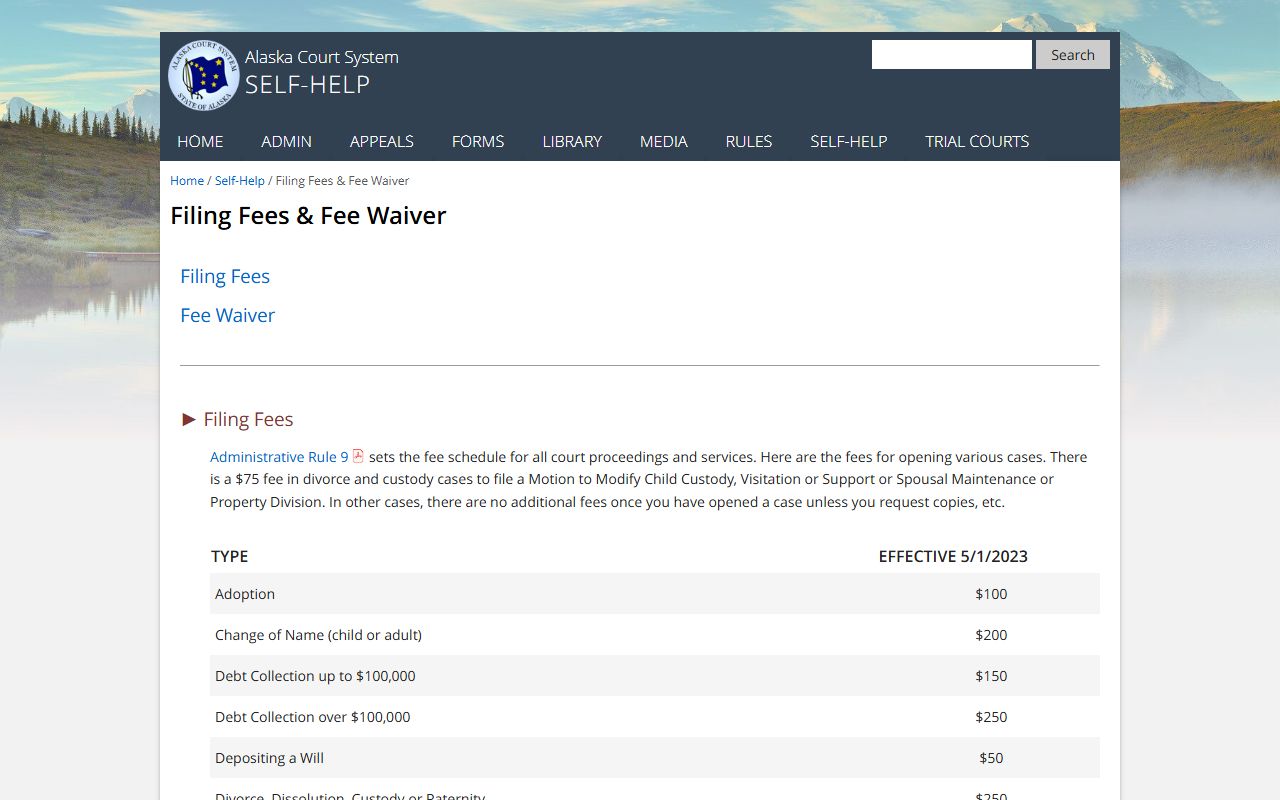 Alaska court filing fees and copy fee schedule