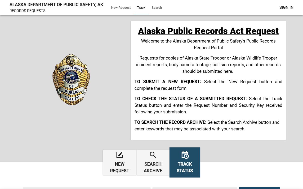 Alaska DPS JustFOIA public records request portal