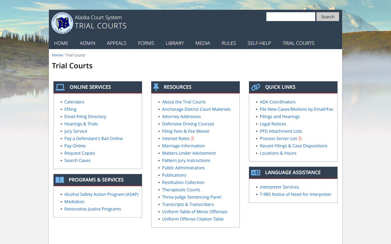 Alaska Trial Courts Records request page for criminal case documents