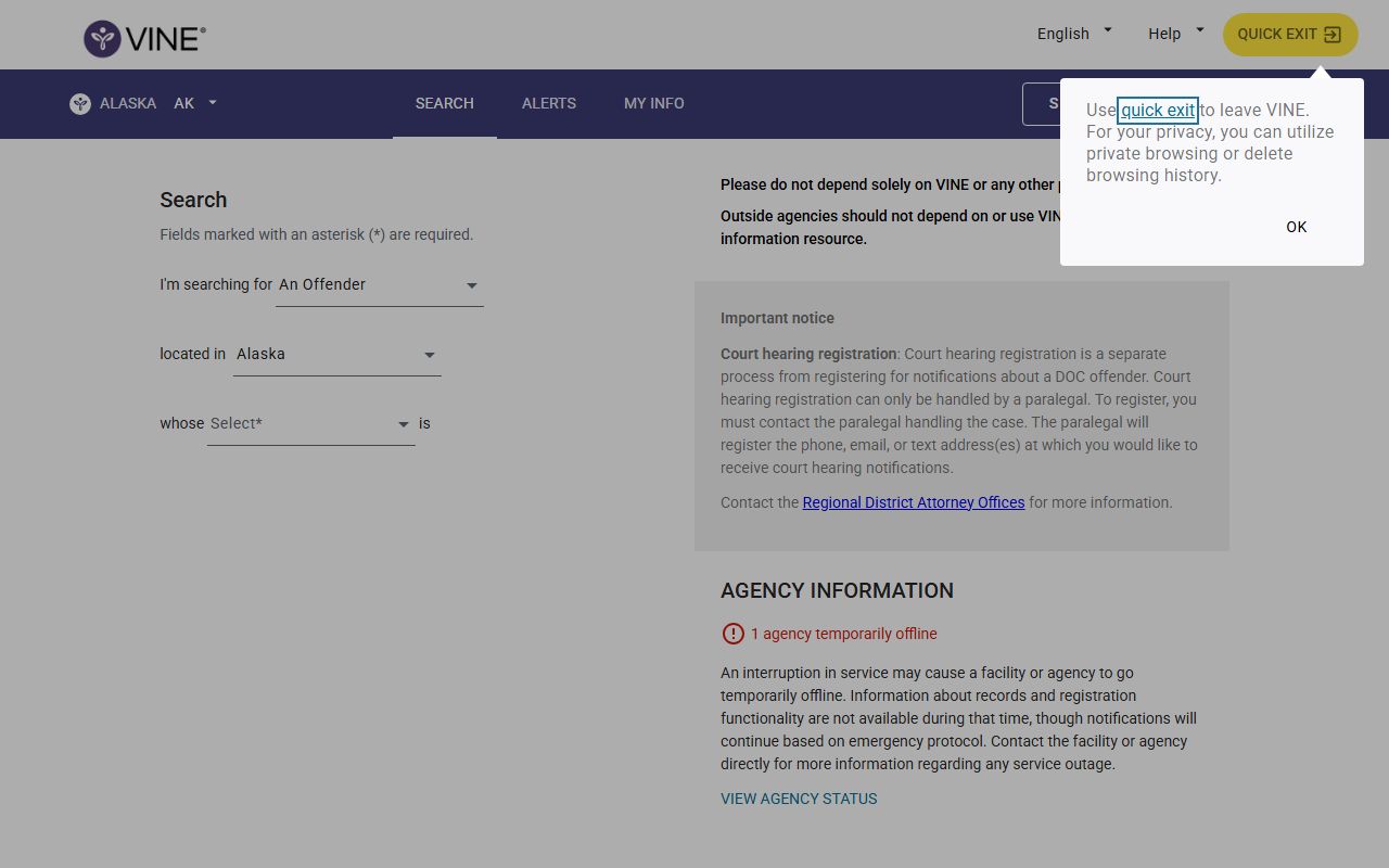 VINELink Alaska inmate search and custody notification system